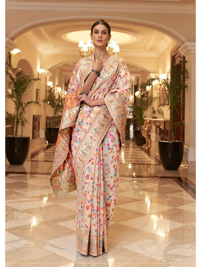 Indyancart GR Women's Kalista Peony White Woven Jamewar Kashmiri Banarasi Saree