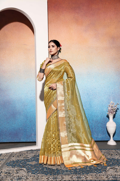 Indyancart GR Women's Kalki Pista Green Tissue Cotton Silk Saree