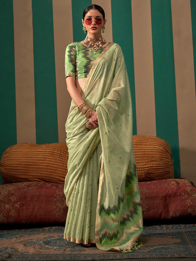 Women's Silk Blend Light Green Woven Design Designer Saree With Blouse Piece