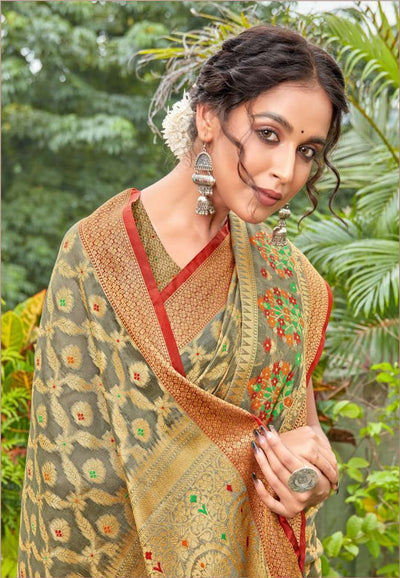 Indyancart GR Women's Kanishka Flint Grey Zari Woven Design Banarasi Organza Saree
