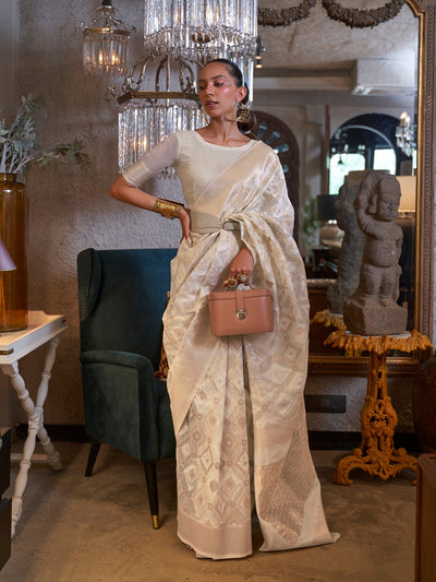 Women's Pure Linen Off White Woven Design Designer Saree With Blouse Piece