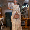 Women's Pure Linen Off White Woven Design Designer Saree With Blouse Piece