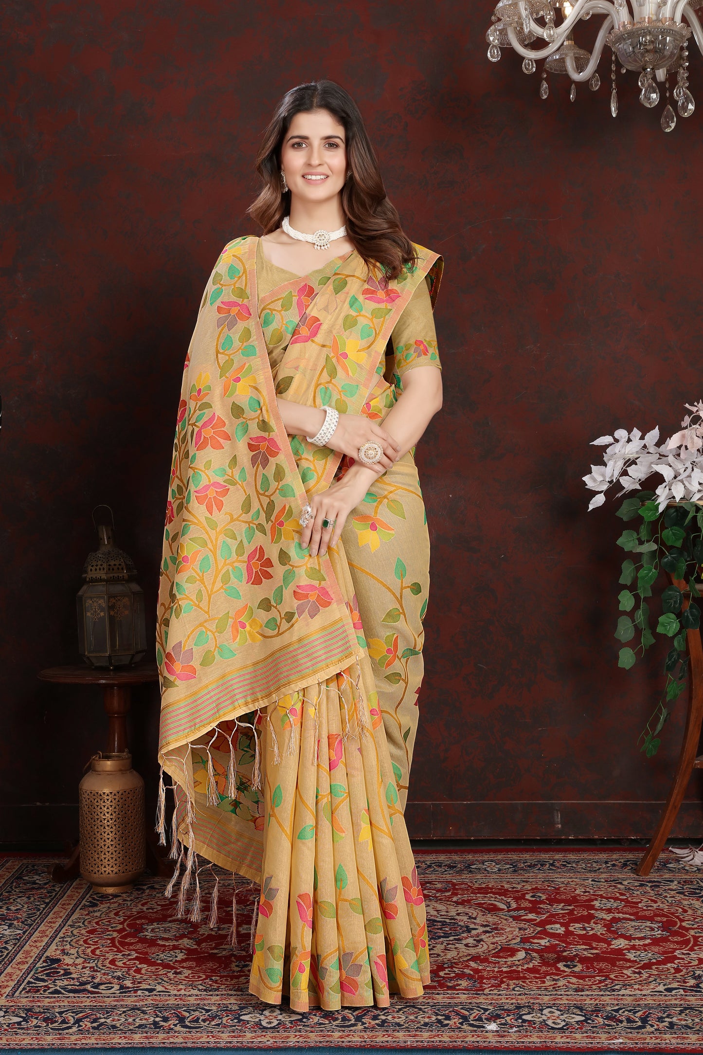 Dhiyona GR Women's Karvaah Beige Cotton Jamdani Saree