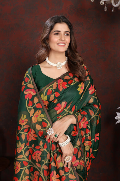 Indyancart GR Women's Karvaah Cadmium Green Cotton Jamdani Saree