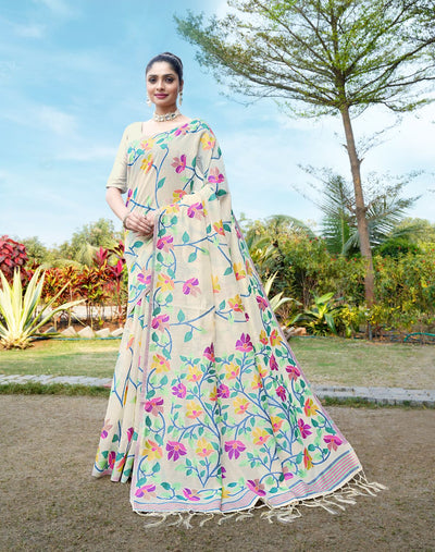 Indyancart GR Women's Karvaah Off-White Soft Cotton Jamdani Saree
