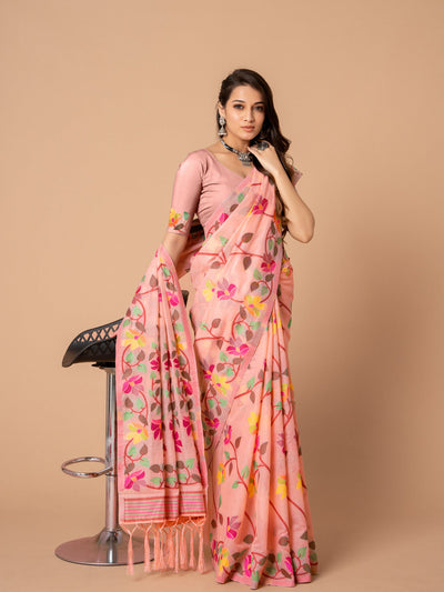Indyancart GR Women's Karvaah Rose Pink Cotton Jamdani Saree