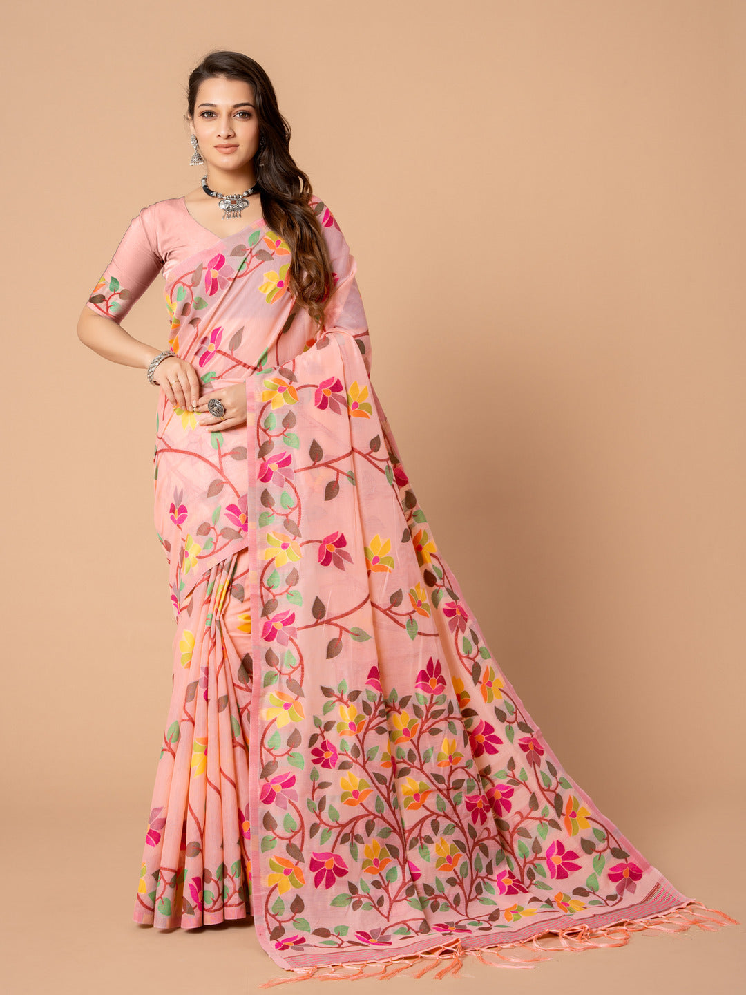 Dhiyona GR Women's Karvaah Rose Pink Cotton Jamdani Saree