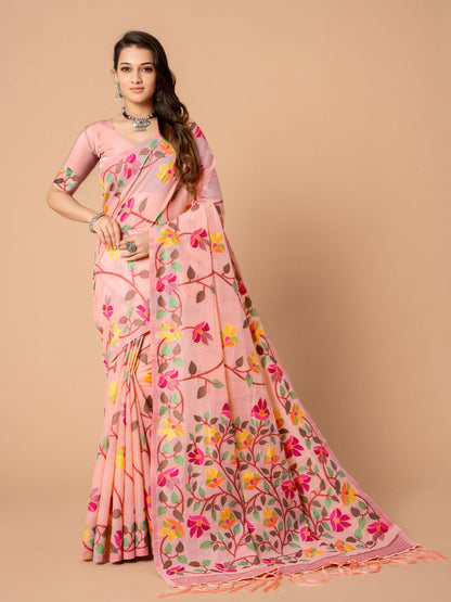 Dhiyona GR Women's Karvaah Rose Pink Cotton Jamdani Saree
