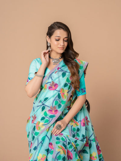 Indyancart GR Women's Karvaah Sky Blue Cotton Jamdani Saree