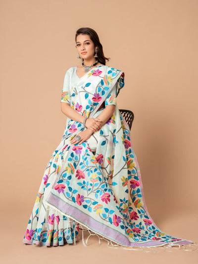 Indyancart GR Women's Karvaah White Cotton Jamdani Saree