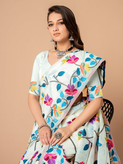 Indyancart GR Women's Karvaah White Cotton Jamdani Saree