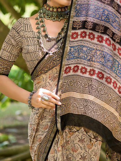 Women's Cotton Beige Printed Designer Saree With Blouse Piece