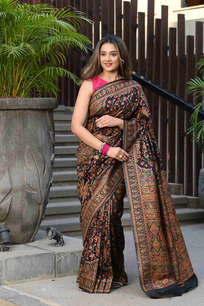 Indyancart GR Women's Kashida Bitter Black Jamewar Kashmiri Soft Modal Silk Saree