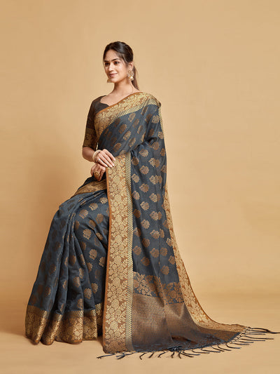 Indyancart GR Women's Kashvi Mouse Grey Zari Woven Design Chanderi Cotton Saree