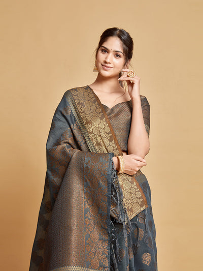 Indyancart GR Women's Kashvi Mouse Grey Zari Woven Design Chanderi Cotton Saree