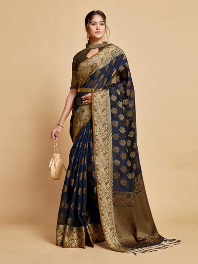Indyancart GR Women's Kashvi Berry Blue Zari Woven Design Chanderi Cotton Saree