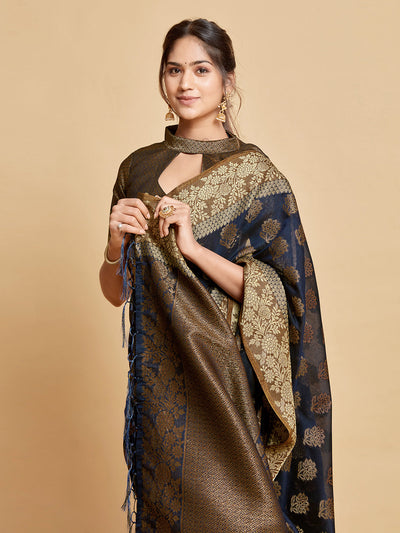 Indyancart GR Women's Kashvi Berry Blue Zari Woven Design Chanderi Cotton Saree