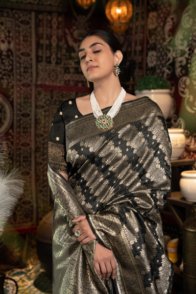 Indyancart GR Women's Kavya Silk Black Banarasi Silk Woven Saree