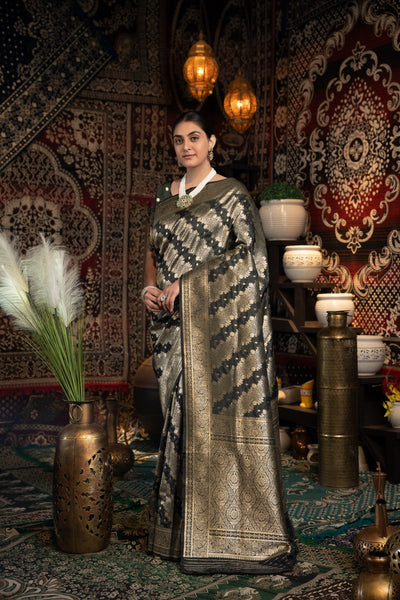 Indyancart GR Women's Kavya Silk Black Banarasi Silk Woven Saree