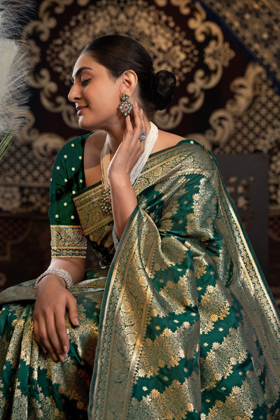 Indyancart GR Women's Kavya Silk Bottle Green Banarasi Silk Woven Saree