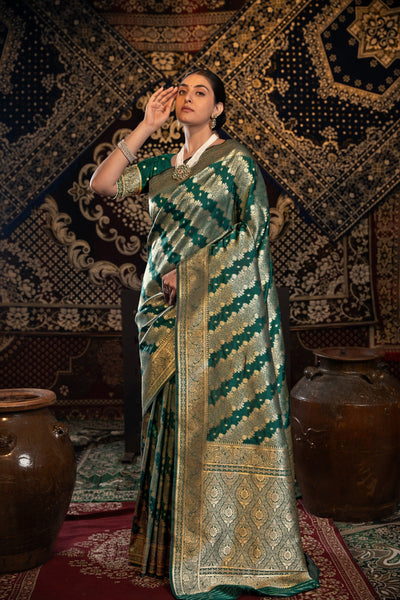 Indyancart GR Women's Kavya Silk Bottle Green Banarasi Silk Woven Saree