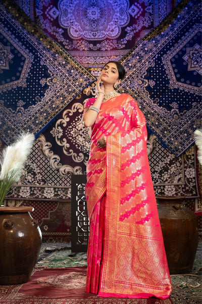 Indyancart GR Women's Kavya Silk Pink Banarasi Silk Woven Saree