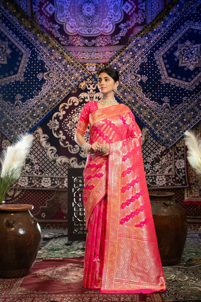Indyancart GR Women's Kavya Silk Pink Banarasi Silk Woven Saree
