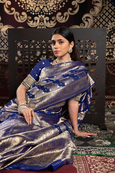 Indyancart GR Women's Kavya Silk Navy Banarasi Silk Woven Saree
