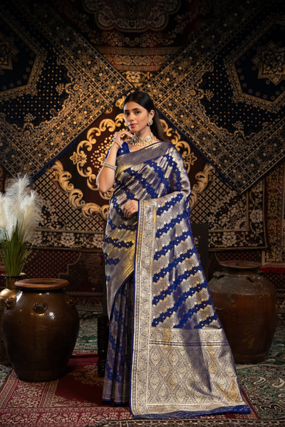Indyancart GR Women's Kavya Silk Navy Banarasi Silk Woven Saree