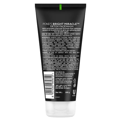 Ponds Bright Miracle Detox Face Wash with activated charcoal, deep cleans skin, and reveals a radiant glow.