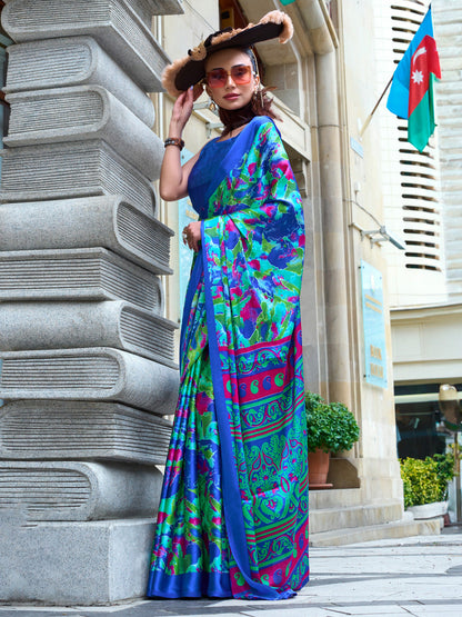 Women's Crepe Navy Blue Printed Designer Saree With Blouse Piece