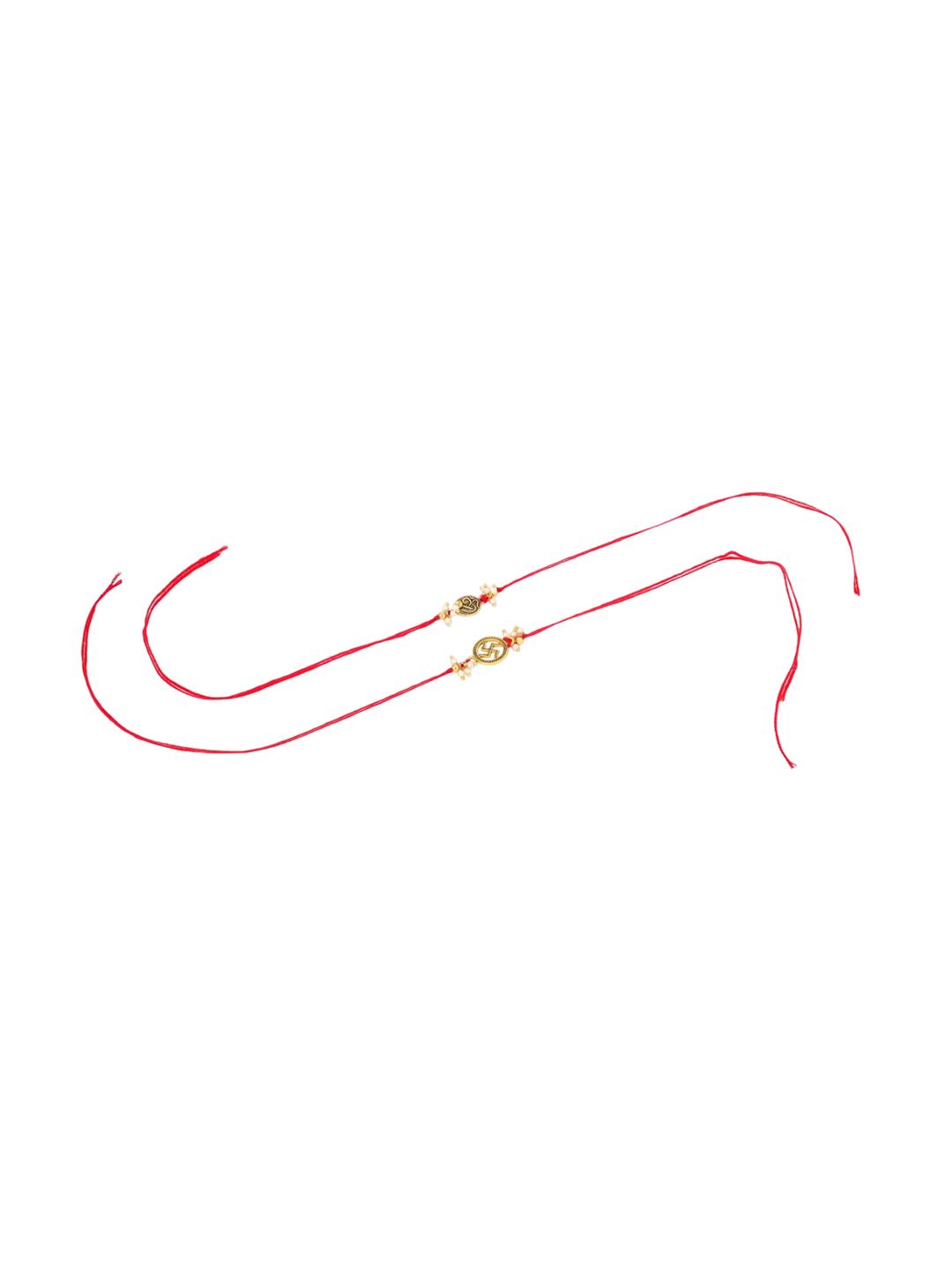 Anouk Men Set Of 2 Gold Toned Pearls Swastik Desgin Thread Rakhi With Roli Chawal