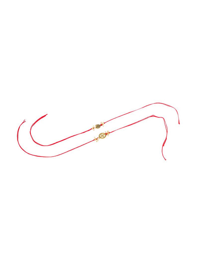 Indyancart Men Set Of 2 Gold Toned Pearls Swastik Desgin Thread Rakhi With Roli Chawal