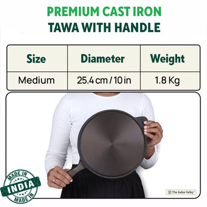 The Indus Valley Super Smooth Cast Iron Tawa, Long Handle,Pre-seasoned, Nonstick, 100% Pure, Toxin-free, Induction,Spatula, 25.4cm, 1.8kg