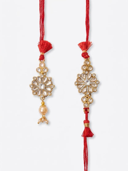 Anouk Set Of 2 Red Kundan Studded Floral Design Bhaiya Bhabhi Rakhi With Roli Chawal