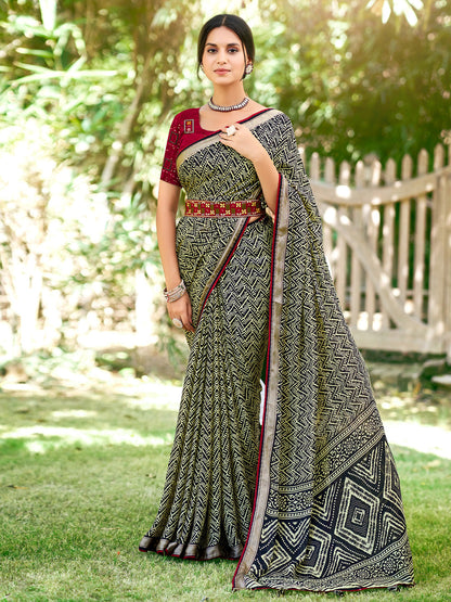 Women's Georgette Maroon Printed Designer Saree With Blouse Piece