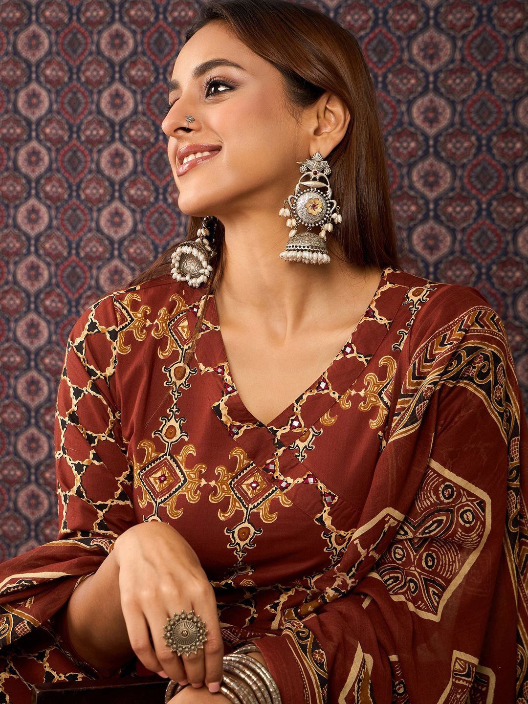 Women Ethnic Motifs Printed Regular Pure Cotton Kurta Trousers With Dupatta