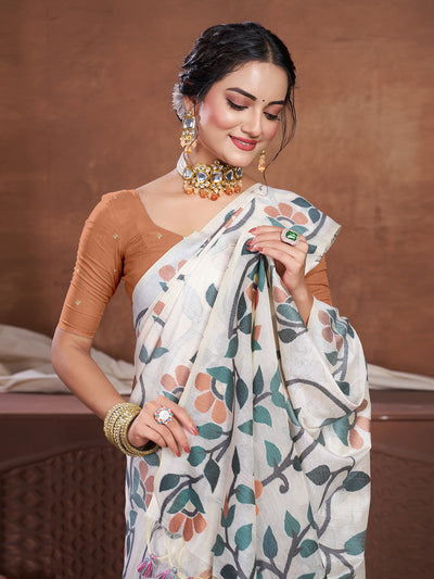 Indyancart GR Women's Keeyah White & Dark Green Muslin Cotton Jamdani Saree