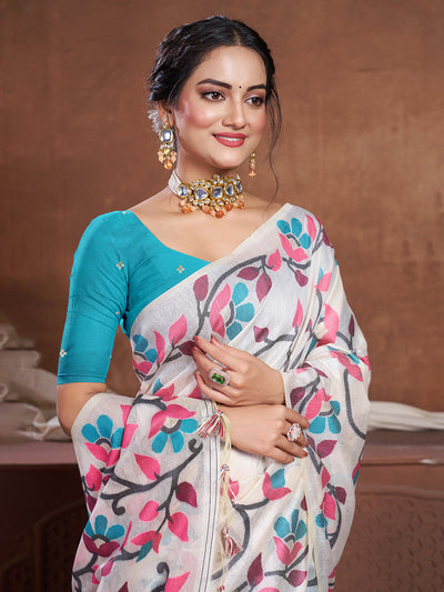 Indyancart GR Women's Keeyah White & Pink Muslin Cotton Jamdani Saree