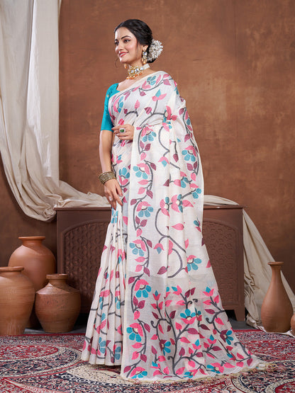 Dhiyona GR Women's Keeyah White & Pink Muslin Cotton Jamdani Saree