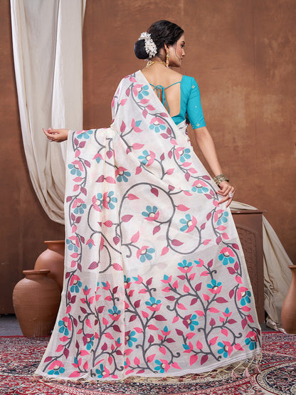Dhiyona GR Women's Keeyah White & Pink Muslin Cotton Jamdani Saree