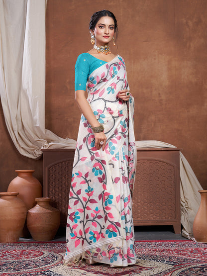 Dhiyona GR Women's Keeyah White & Pink Muslin Cotton Jamdani Saree