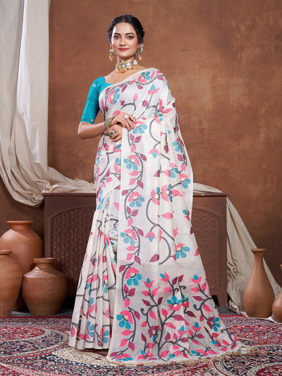 Indyancart GR Women's Keeyah White & Pink Muslin Cotton Jamdani Saree