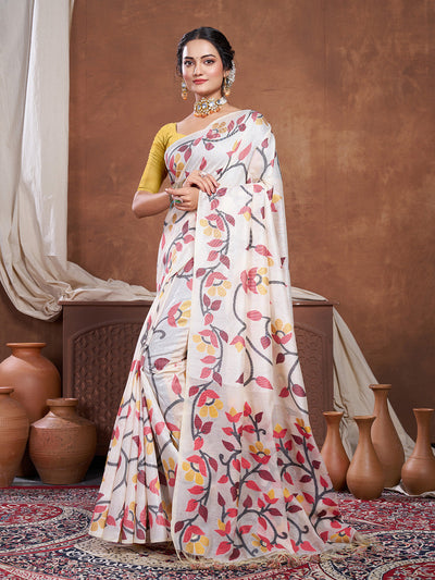 Indyancart GR Women's Keeyah White & Red Muslin Cotton Jamdani Saree