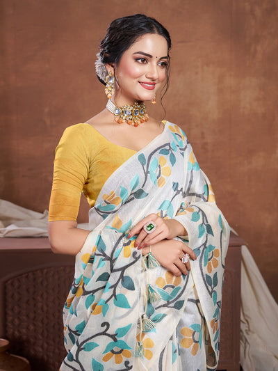 Indyancart GR Women's Keeyah White & Turquoise Muslin Cotton Jamdani Saree