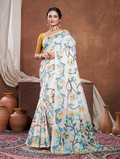 Indyancart GR Women's Keeyah White & Turquoise Muslin Cotton Jamdani Saree