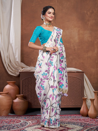 Indyancart GR Women's Keeyah White & Wine Muslin Cotton Jamdani Saree