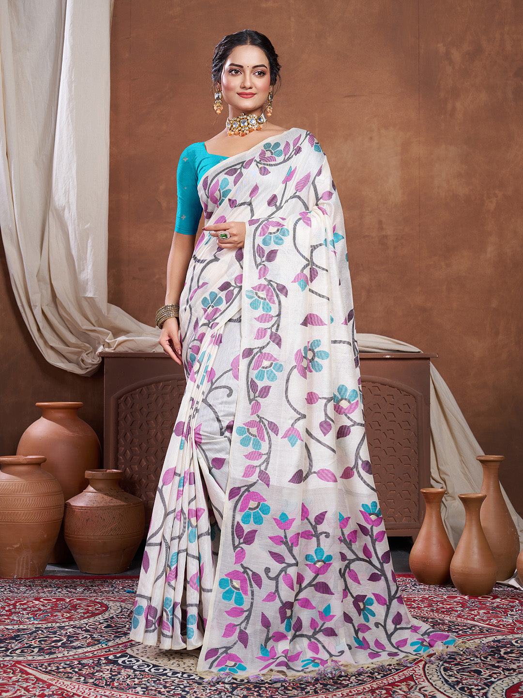 Indyancart GR Women's Keeyah White & Wine Muslin Cotton Jamdani Saree