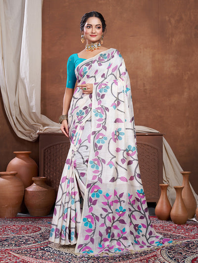 Indyancart GR Women's Keeyah White & Wine Muslin Cotton Jamdani Saree