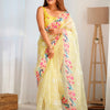 Women's Organza Yellow Embroidered Designer Saree With Blouse Piece